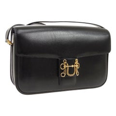 Hermes Black Leather Gold Chain Emblem Carryall Evening Shoulder Flap Bag 