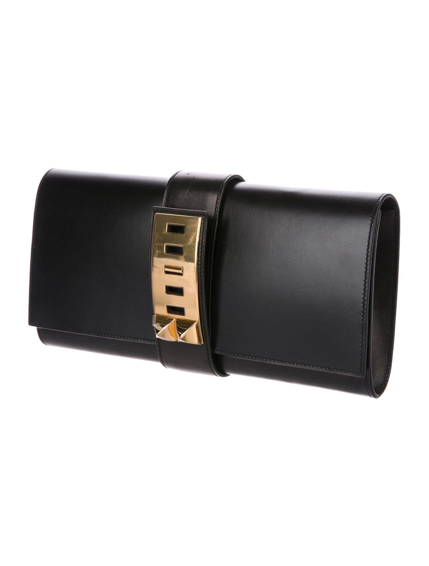 Hermes Black Leather Gold Collier Evening Envelope Clutch Flap Bag  In Good Condition In Chicago, IL