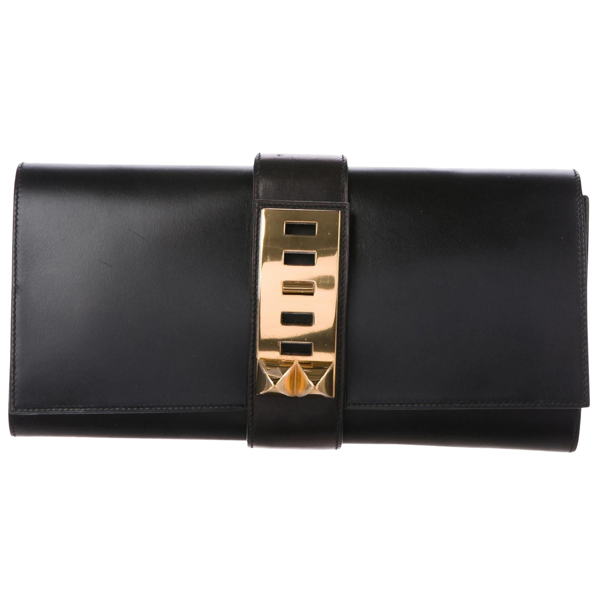 Hermes Black Leather Gold Collier Evening Envelope Clutch Flap Bag 