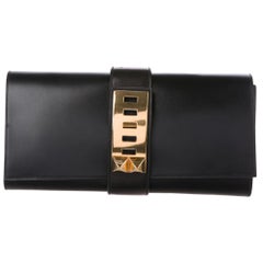Hermes Black Leather Gold Collier Evening Envelope Clutch Flap Bag