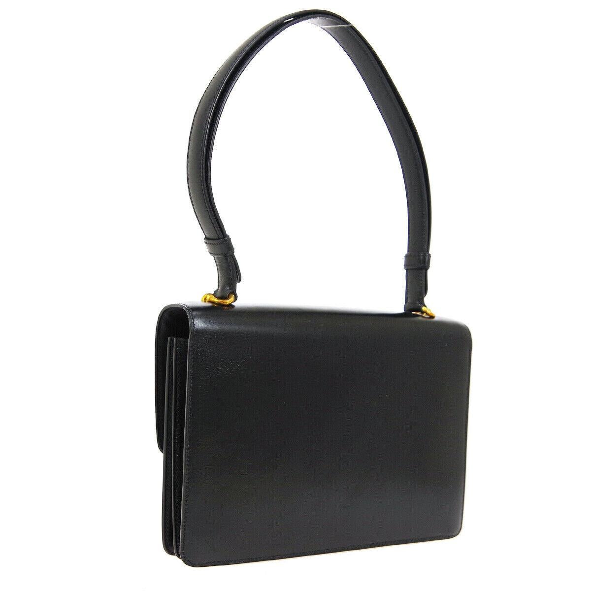 Hermes Black Leather Gold Emblem Evening Carryall Top Handle Shoulder Flap Bag In Good Condition In Chicago, IL