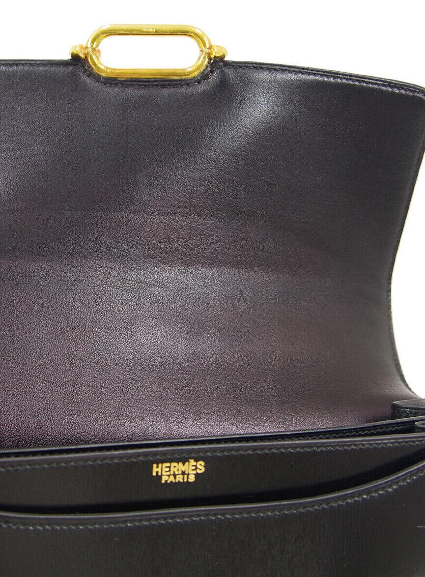 Hermes Black Leather Gold Emblem Evening Carryall Top Handle Shoulder Flap Bag 1