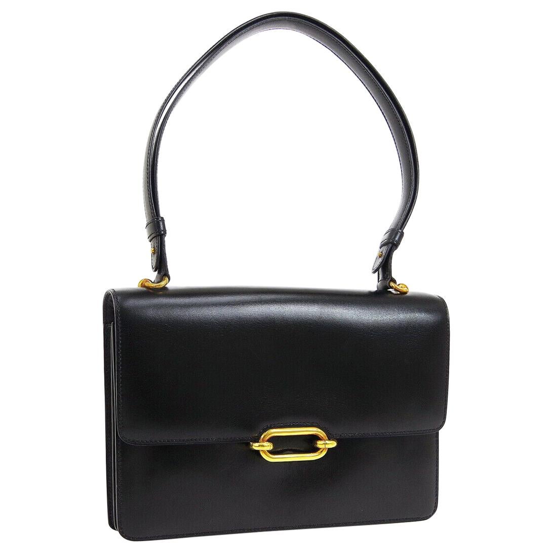 Hermes Black Leather Gold Emblem Evening Carryall Top Handle Shoulder Flap Bag