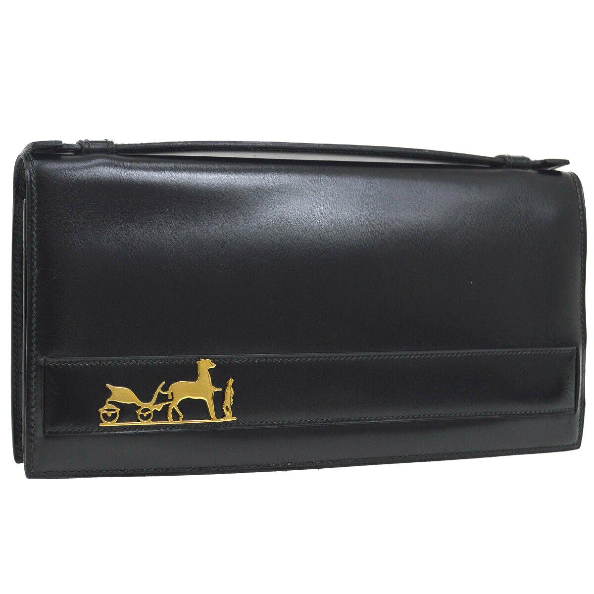 Hermes Black Leather Gold Emblem Evening Clutch Top Handle Satchel Flap Bag