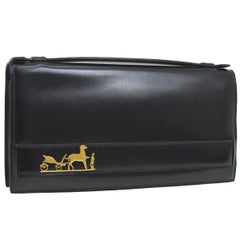 Retro Hermes Black Leather Gold Emblem Evening Clutch Top Handle Satchel Flap Bag