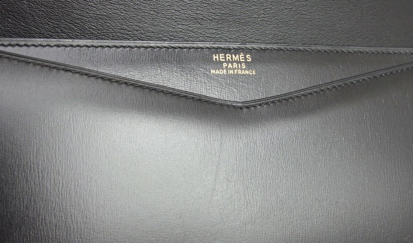 Hermes Black Leather Gold Emblem Evening Envelope Clutch Flap Bag For Sale 1