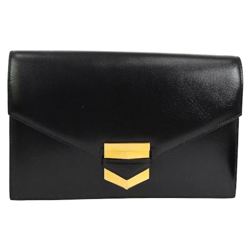 Hermes Black Leather Gold Emblem Evening Envelope Clutch Flap Bag For Sale