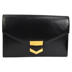 Hermes Black Leather Gold Emblem Evening Envelope Clutch Flap Bag