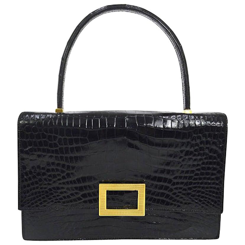 Hermes Black Leather Gold Emblem Evening Kelly Style Top Handle Satchel Bag