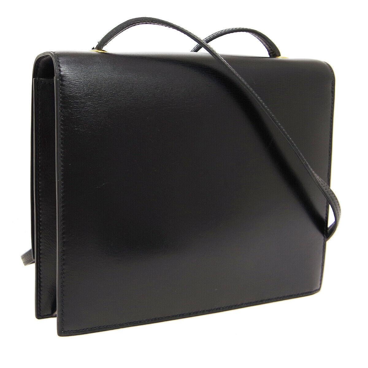 Hermes Black Leather Gold Emblem Toggle Evening Shoulder Flap Bag In Good Condition In Chicago, IL