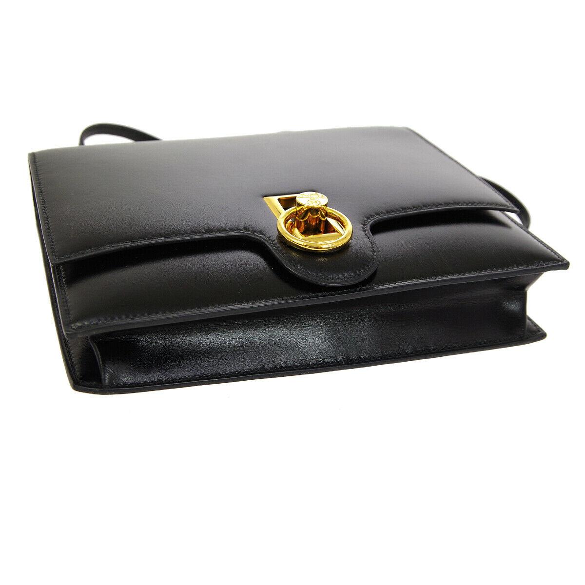 Women's Hermes Black Leather Gold Emblem Toggle Evening Shoulder Flap Bag