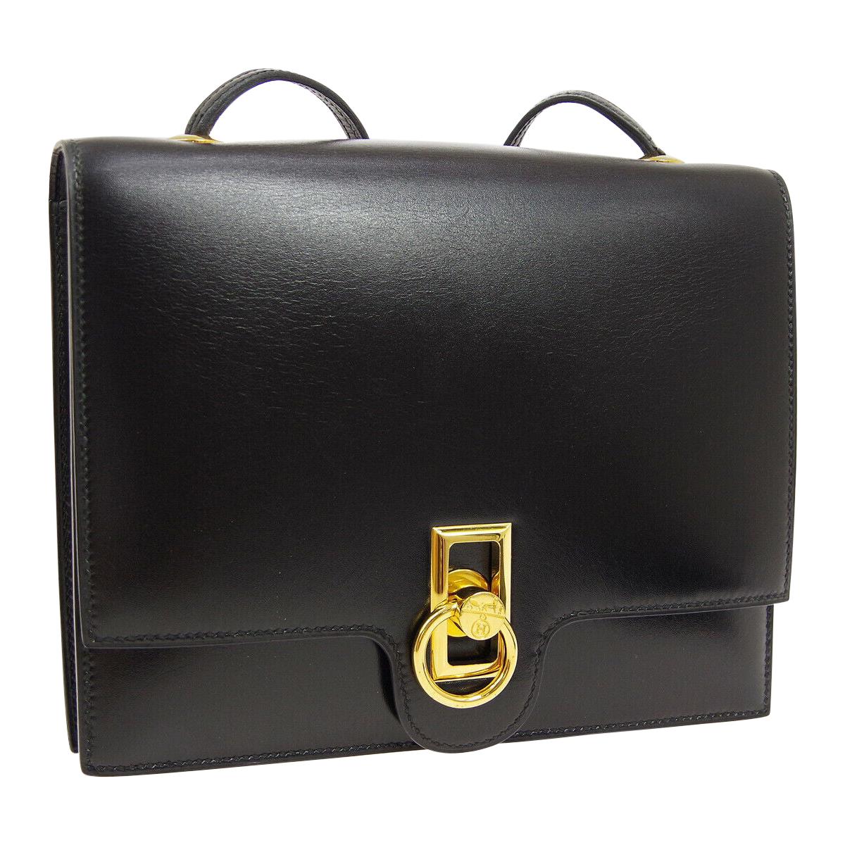 Hermes Black Leather Gold Emblem Toggle Evening Shoulder Flap Bag