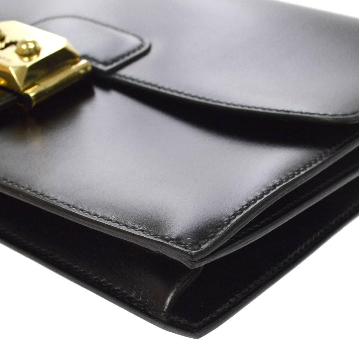 Hermes Black Leather Gold Envelope Evening Flap Wristlet Clutch Bag in Box  In Excellent Condition In Chicago, IL