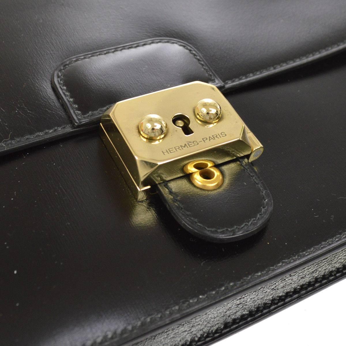 Women's Hermes Black Leather Gold Envelope Evening Flap Wristlet Clutch Bag in Box 