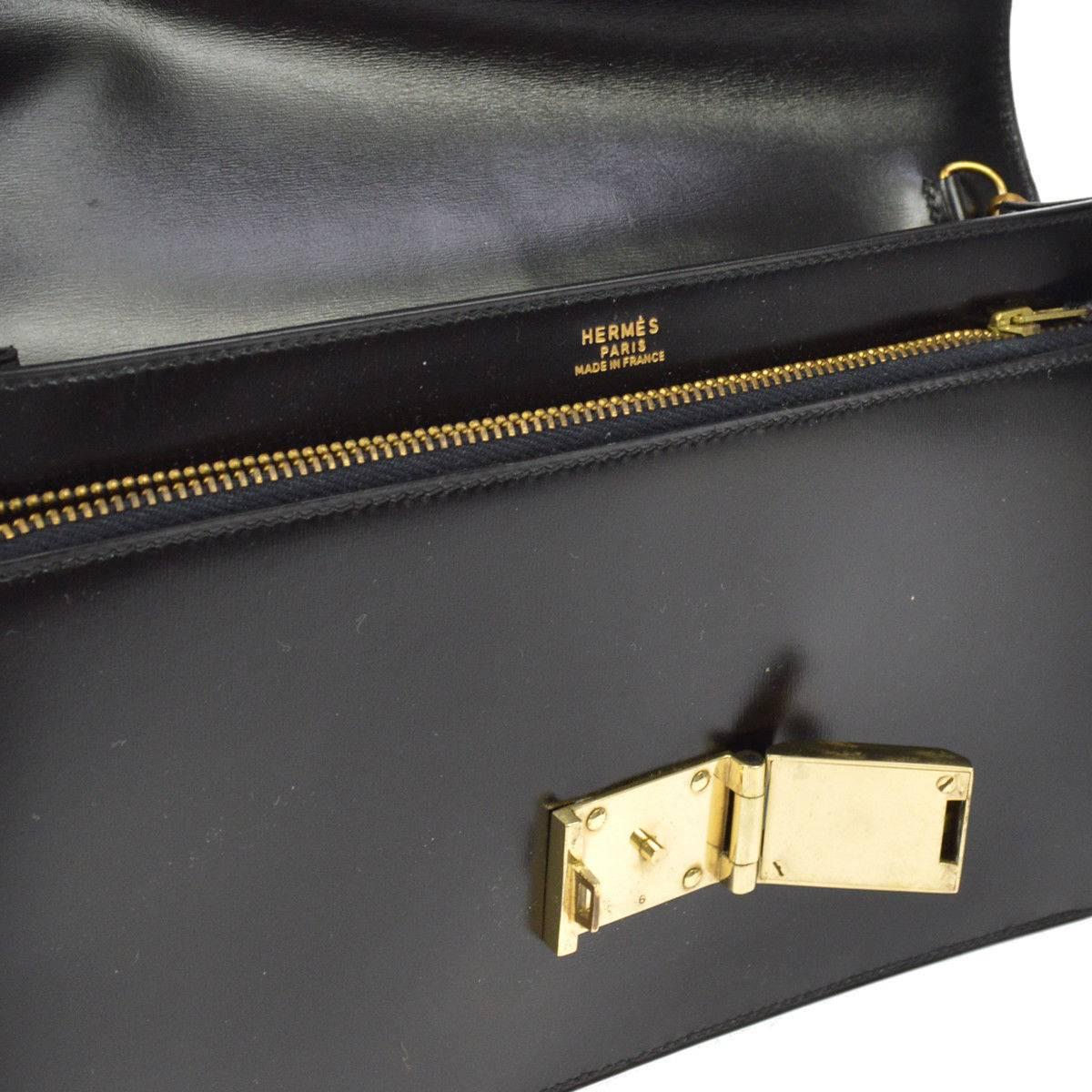 Hermes Black Leather Gold Envelope Evening Flap Wristlet Clutch Bag in Box  1
