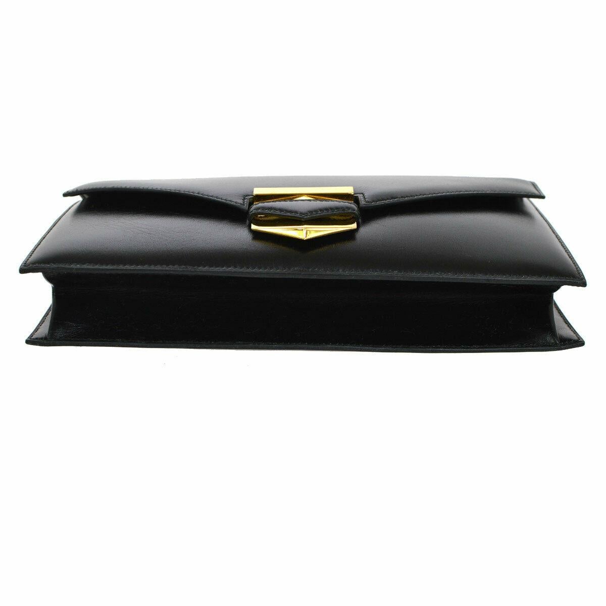Women's Hermes Black Leather Gold Evening Envelope Clutch Flap Bag