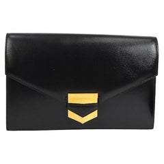 Hermes Black Leather Gold Evening Envelope Clutch Flap Bag