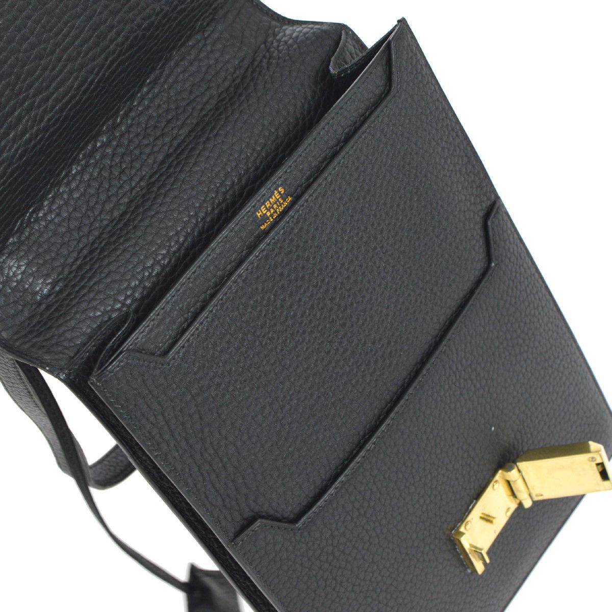 Hermes Black Leather Gold Flip Lock Buckle Evening Top Handle Shoulder Flap Bag 1