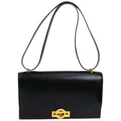 Hermes Black Leather Gold Flip Lock Evening Top Handle Satchel Flap Shoulder Bag