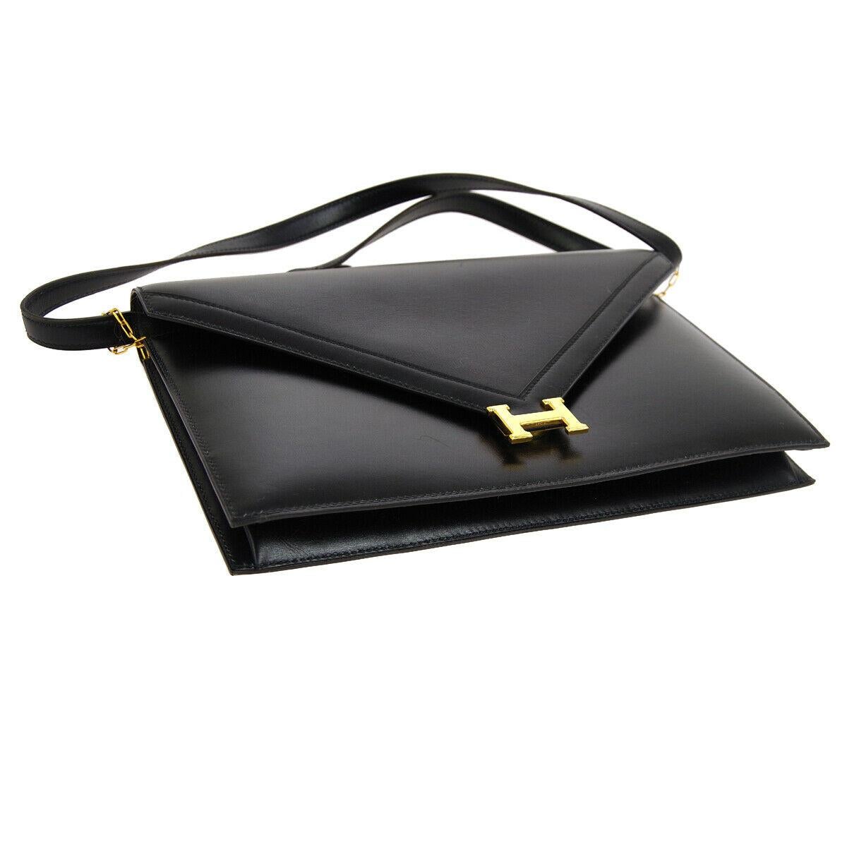Hermes Black Leather Gold 'H' Logo 2 in 1 Clutch Envelope Shoulder Bag in Box  In Good Condition In Chicago, IL