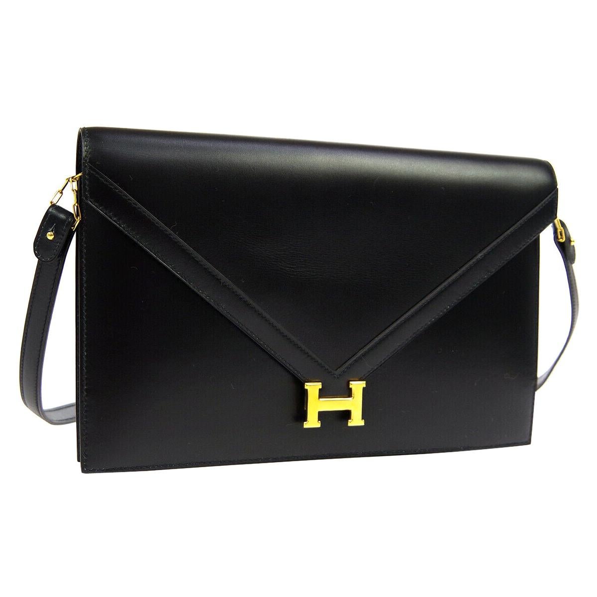 Hermes Black Leather Gold 'H' Logo 2 in 1 Clutch Envelope Shoulder Bag in Box 