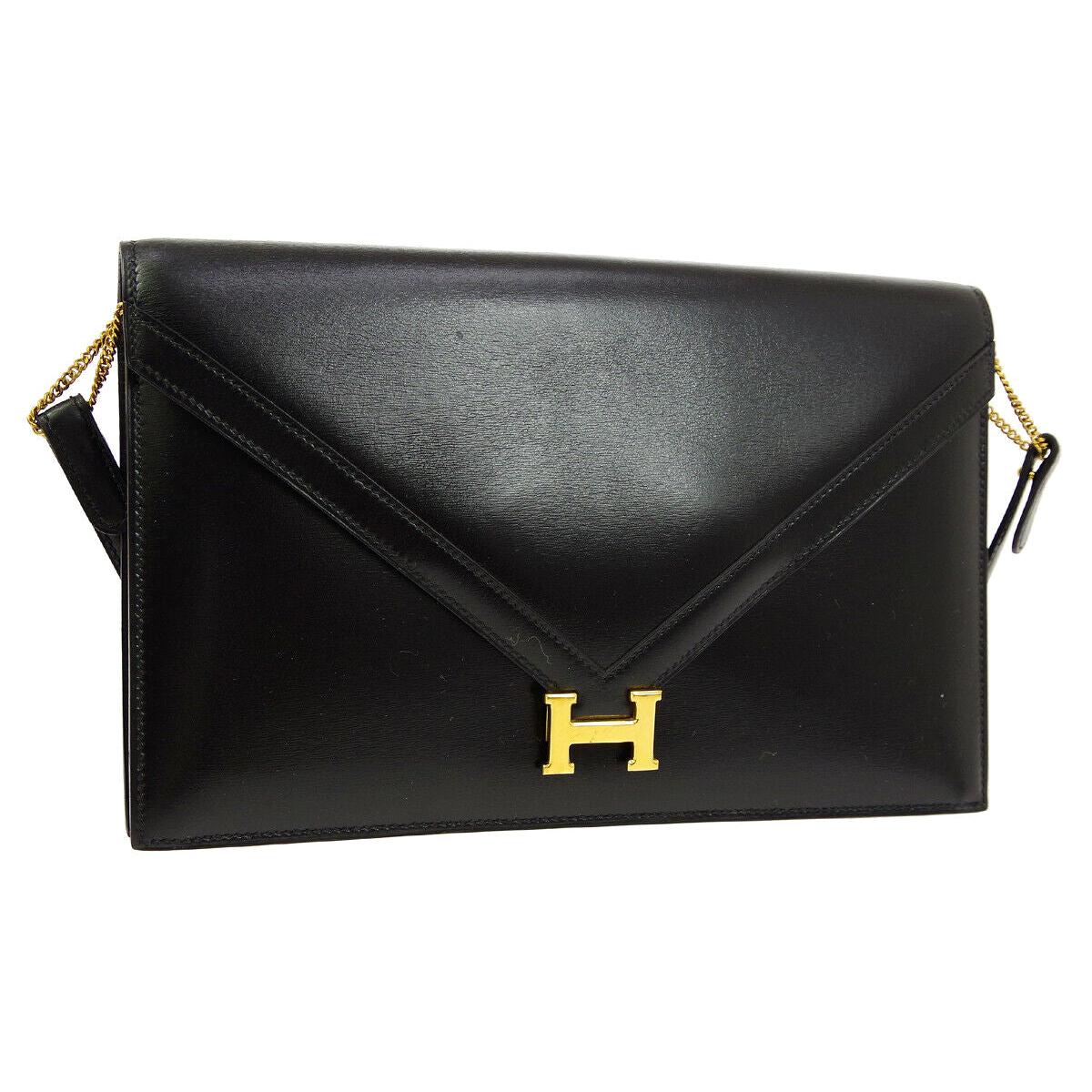 Hermes Black Leather Gold 'H" Logo Evening 2 in 1 Shoulder Flap Clutch Bag 