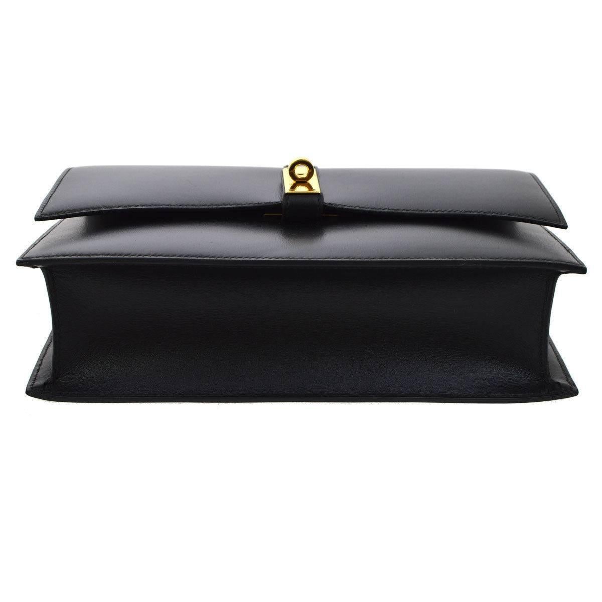 Women's Hermes Black Leather Gold Kelly Style Flip Lock Top Handle Satchel Bag in Box