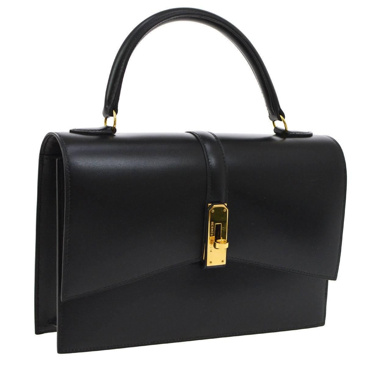 Hermes Black Leather Gold Kelly Style Flip Lock Top Handle Satchel Bag in Box