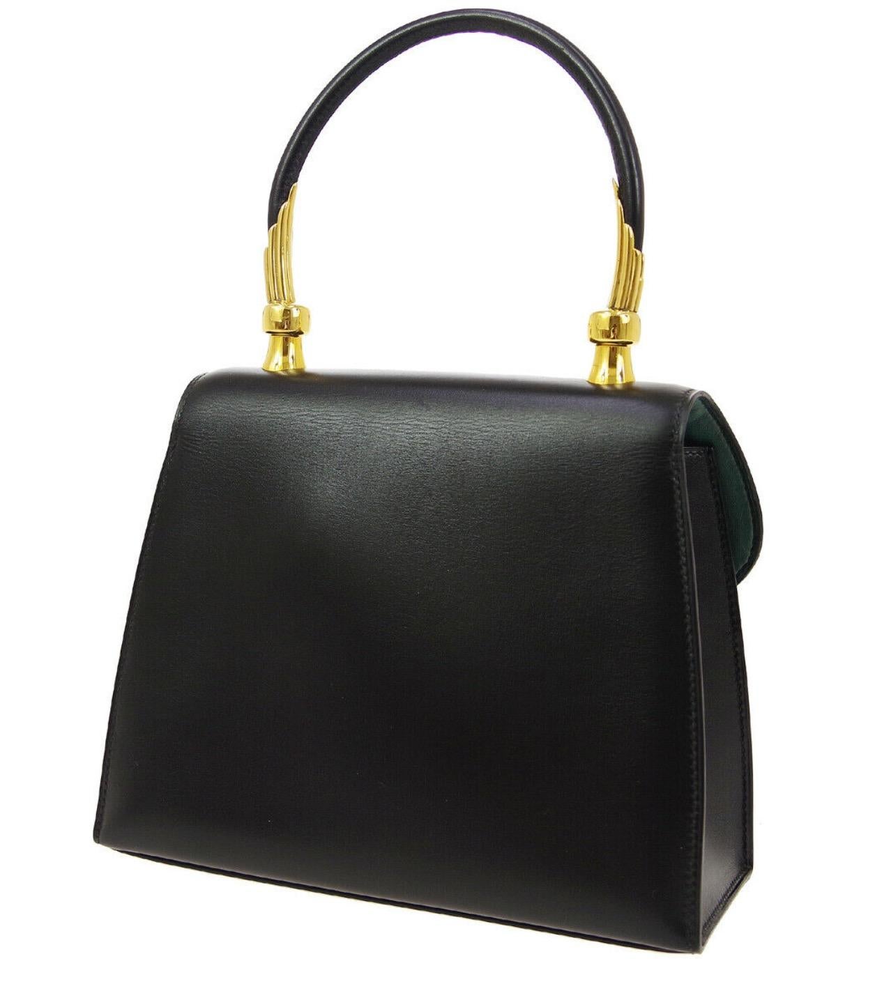 Hermes Black Leather Gold Kelly Style Small Evening Top Handle Satchel Flap Bag In Good Condition In Chicago, IL