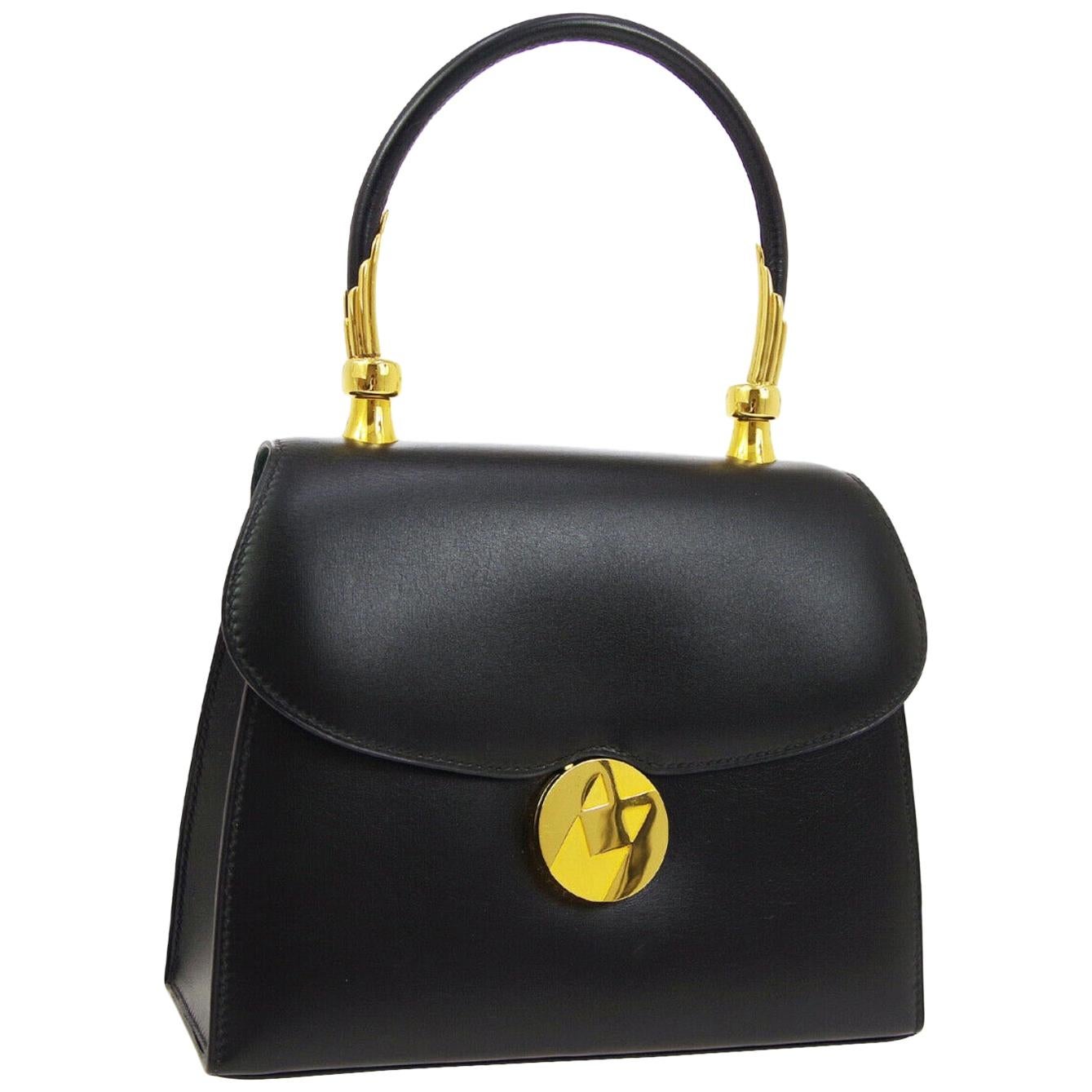 Hermes Black Leather Gold Kelly Style Small Evening Top Handle Satchel Flap Bag