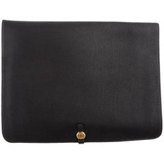 Hermes Black Leather Gold Large LapTop Business Envelope Clutch CarryAll Bag
