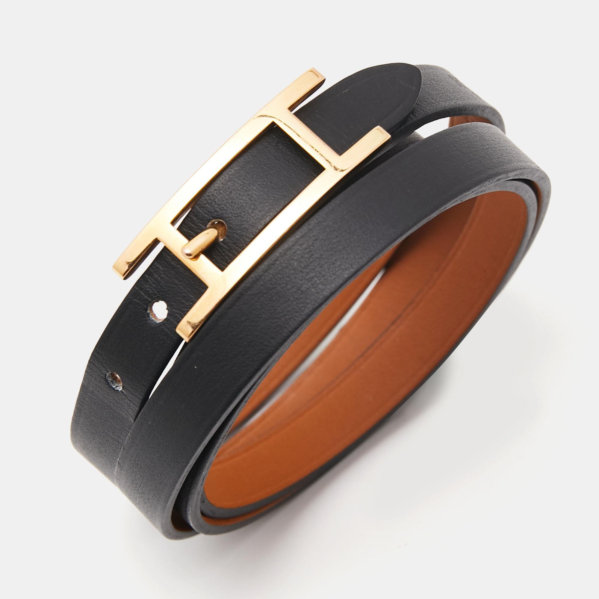 Hermès Black Leather Gold Plated Hapi 3 Wrap Bracelet S In Good Condition In Dubai, Al Qouz 2