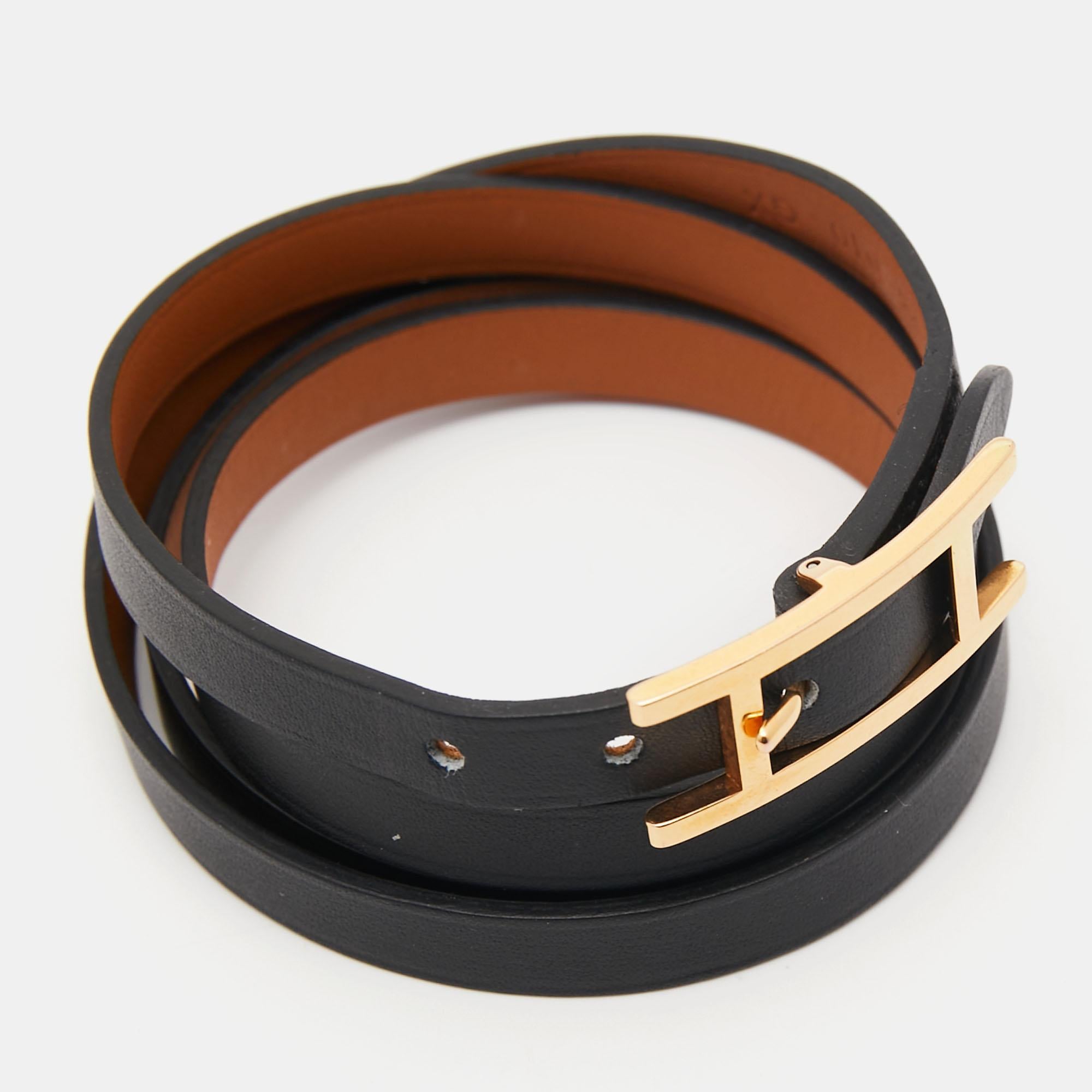 Hermès Black Leather Gold Plated Hapi 3 Wrap Bracelet S 1