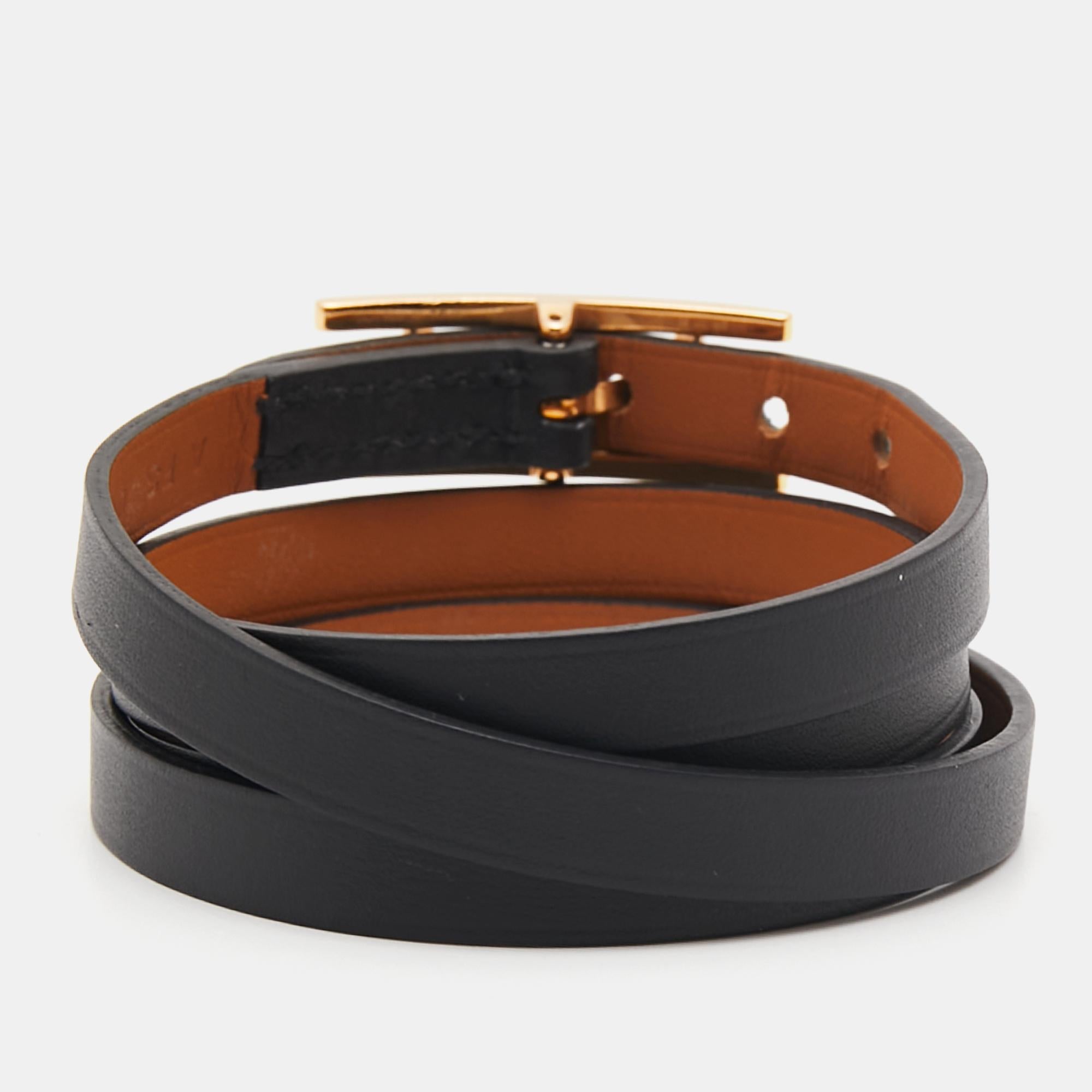 Hermès Black Leather Gold Plated Hapi 3 Wrap Bracelet S 2