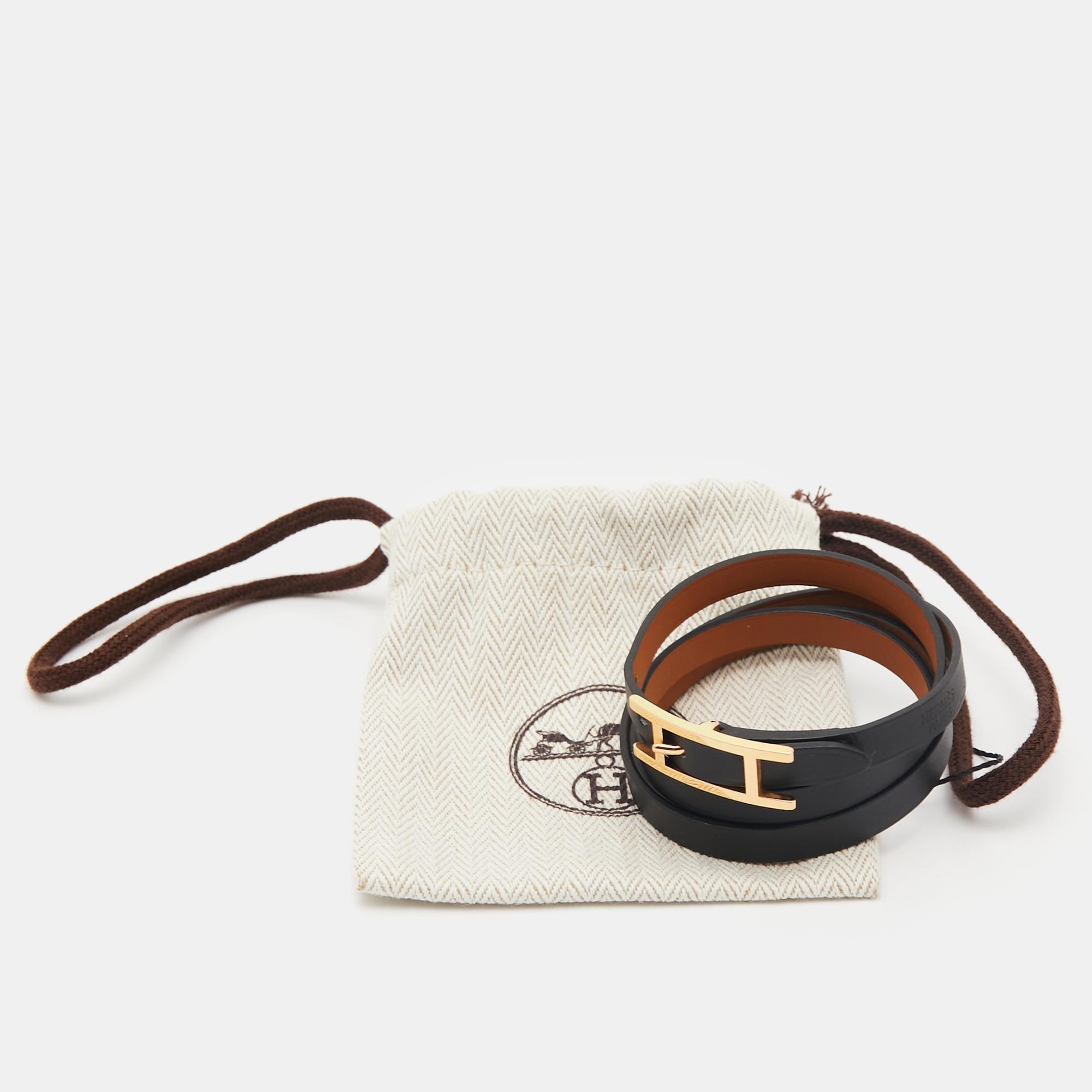 Hermès Black Leather Gold Plated Hapi 3 Wrap Bracelet S 3