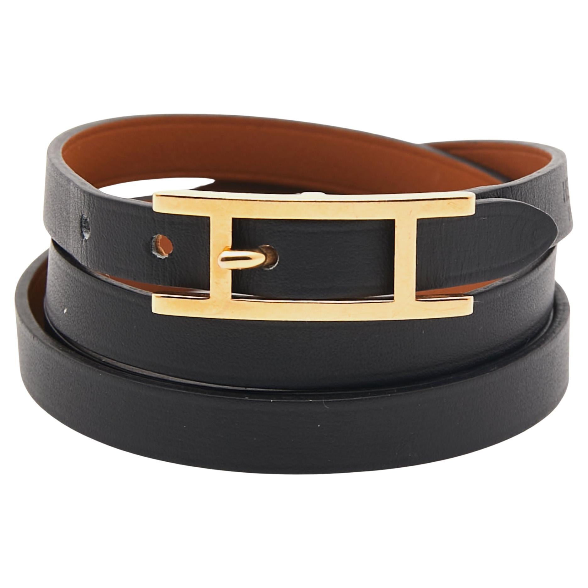 Hermès Black Leather Gold Plated Hapi 3 Wrap Bracelet S