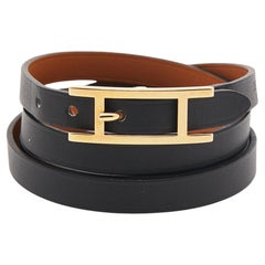 Hermès Bracelet Hapi 3 Wrap en cuir noir plaqué or S