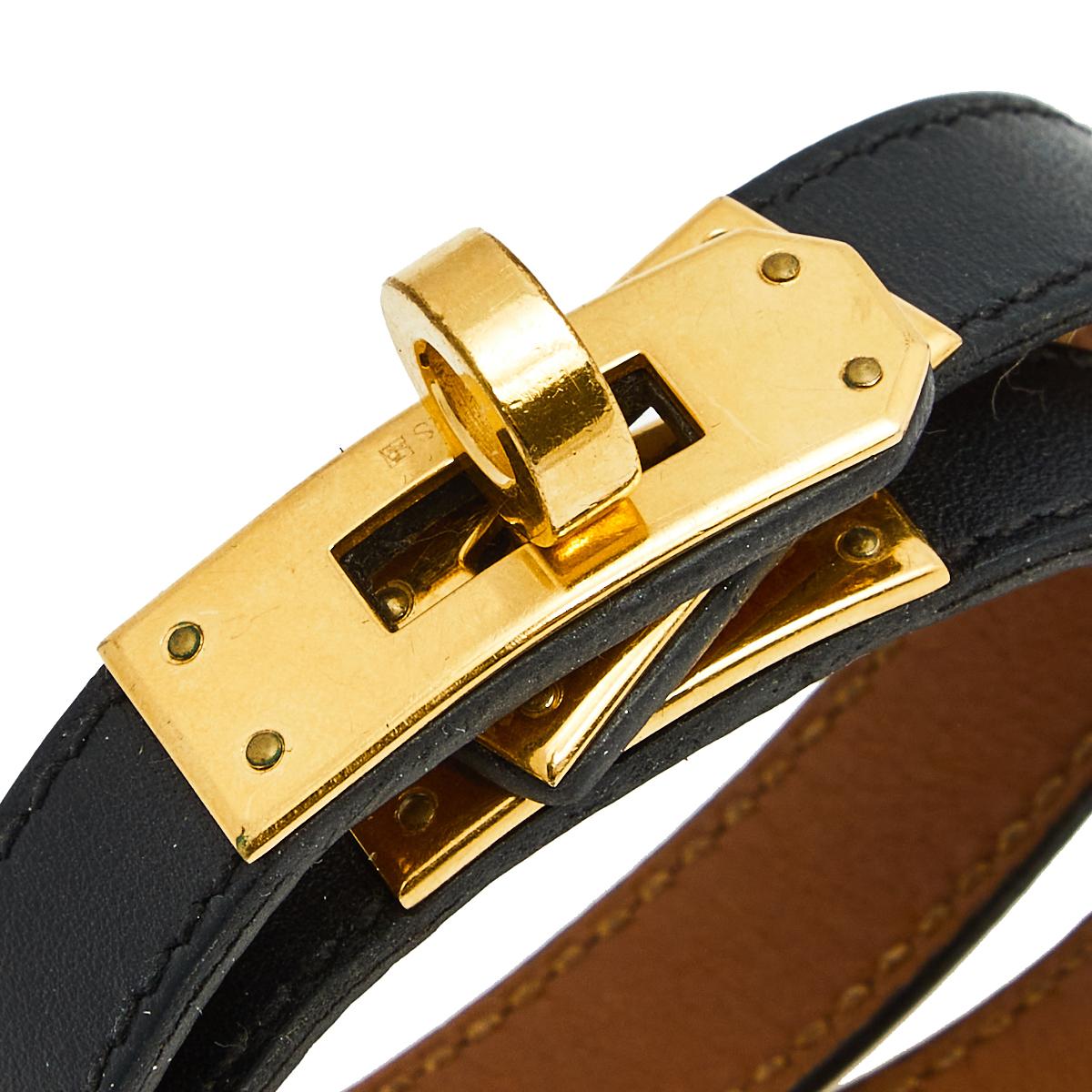 Contemporary Hermès Black Leather Gold Plated Kelly Double Tour Bracelet S