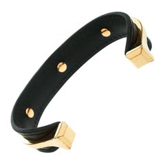 Hermes Black Leather Gold Plated Open Cuff Bracelet