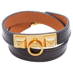 Hermès Bracelet Rivale Double Tour en cuir noir plaqué or S