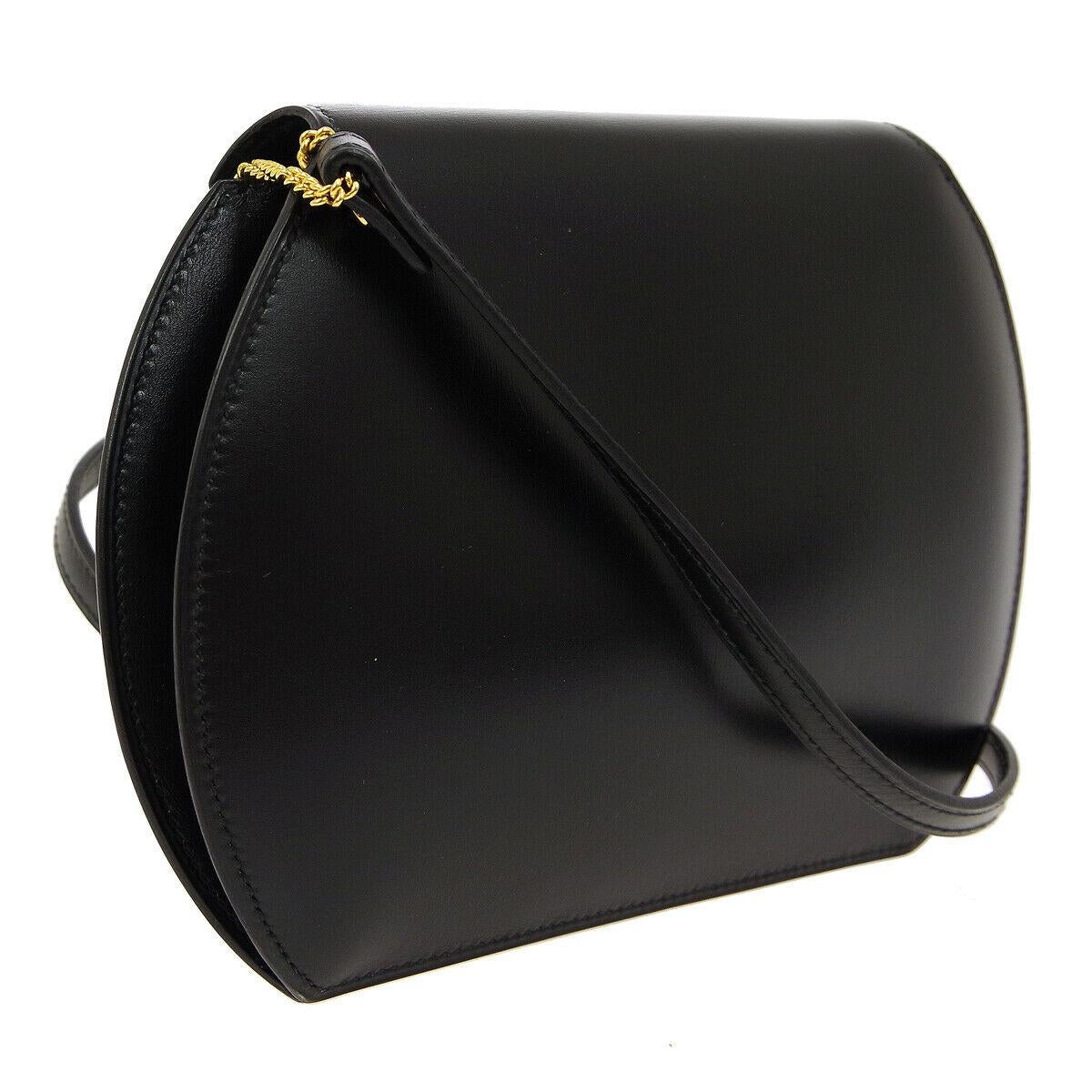 Hermes Black Leather Gold Round Small Mini Evening Shoulder Flap Bag in Box In Good Condition In Chicago, IL