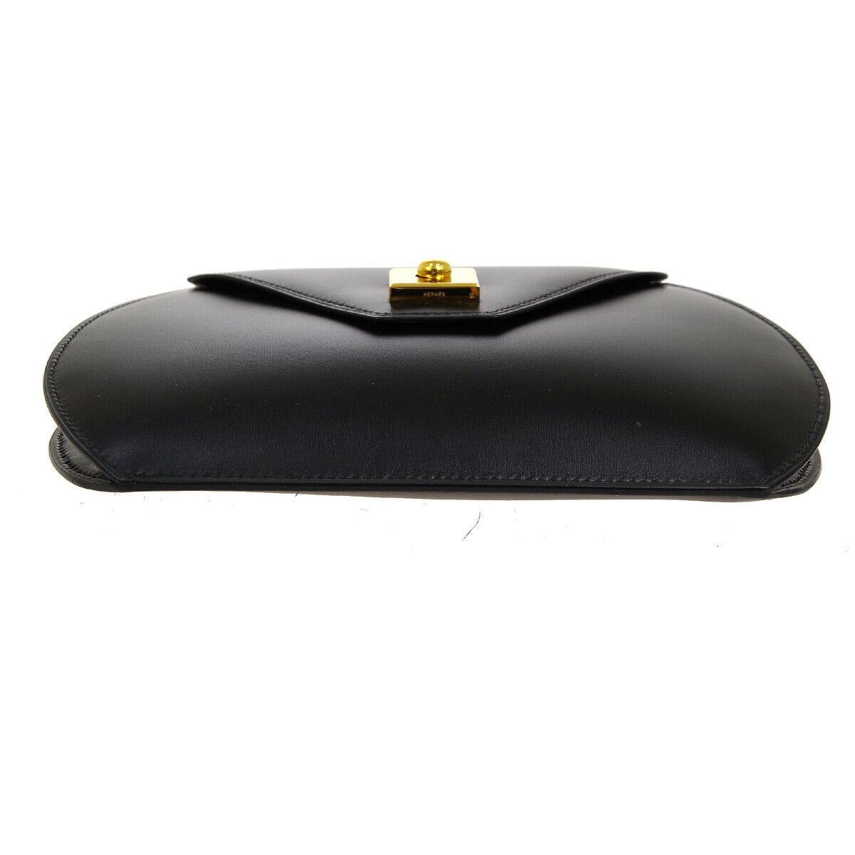 Women's Hermes Black Leather Gold Round Small Mini Evening Shoulder Flap Bag in Box