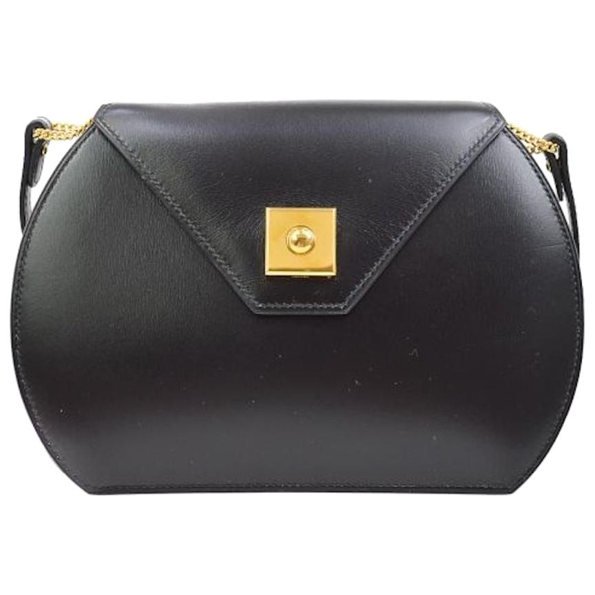 Hermes Black Leather Gold Round Small Mini Evening Shoulder Flap Bag in Box