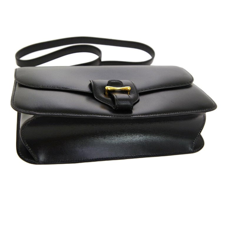 Hermes Black Leather Gold Saddle Fold In Flap Shoulder Bag in Box For Sale at 1stDibs