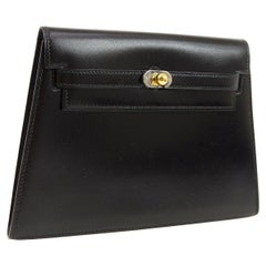 Hermes Black Leather Gold Silver Toggle Envelope Evening Clutch Bag