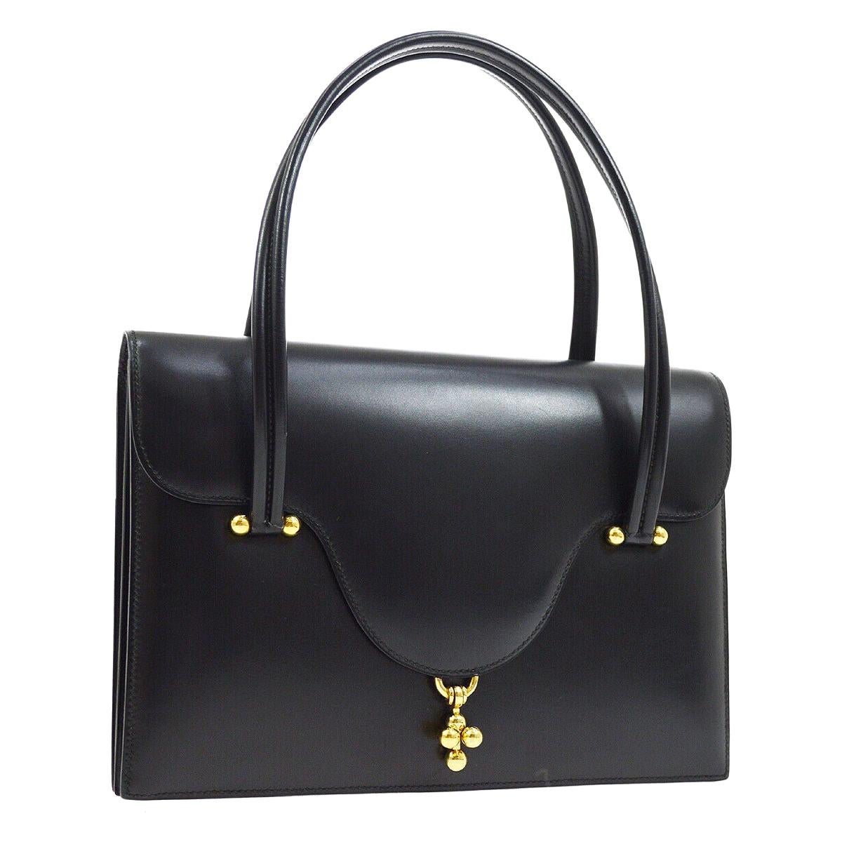 Hermes Black Leather Gold Top Handle Satchel Kelly Style Evening Flap Bag