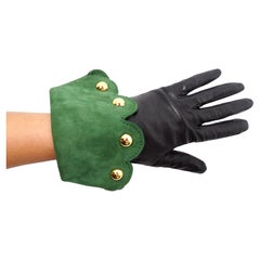 Hermes Black Leather & Green Suede Studded Gloves circa 1990s