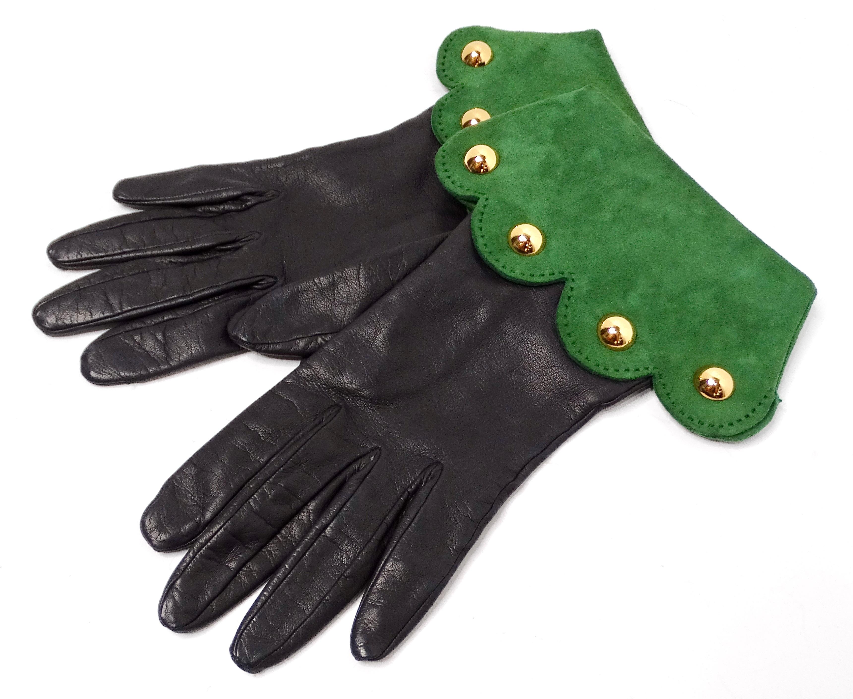 Women's Hermes Black Leather & Green Suede Studded Gloves circa 1990s For Sale