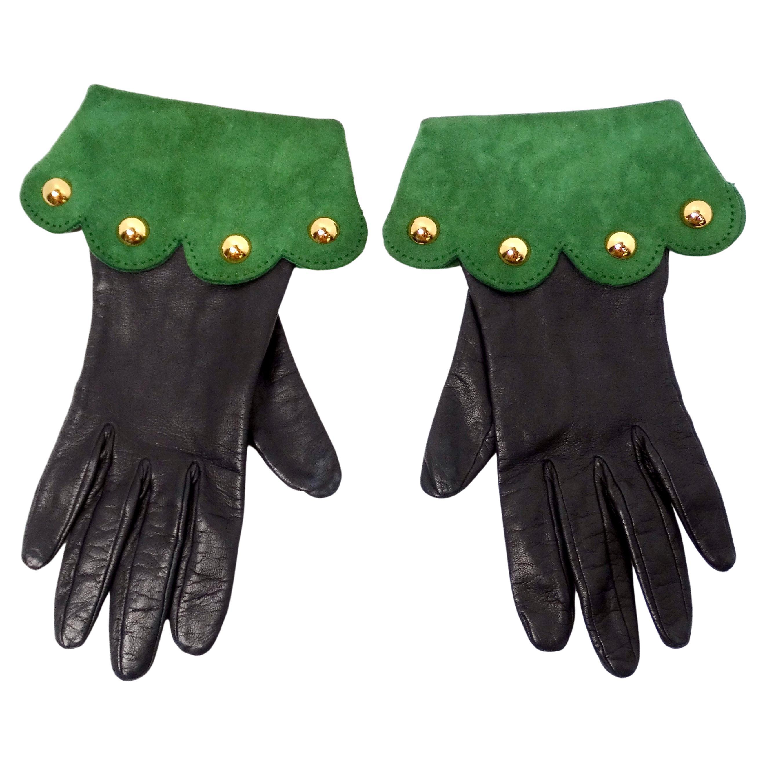 Hermes Black Leather & Green Suede Studded Gloves circa 1990s For Sale