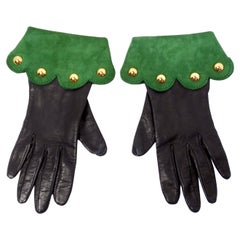Hermes Black Leather & Green Suede Studded Gloves circa 1990s